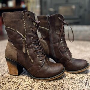 Pierre Dumas Ravenna-10 Brown Chunky Heel Lace and Zip Up Ankle Booties Size 9.5